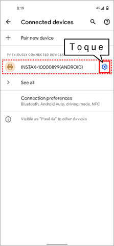 Toque no ícone de engrenagem para INSTAX-XXXXXXX na tela de configurações de Bluetooth.