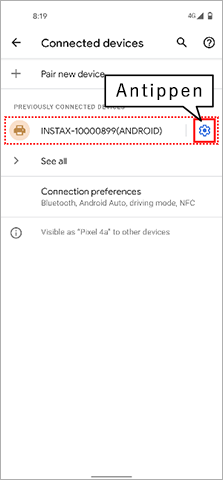 Tippen Sie auf das Zahnradsymbol für INSTAX-XXXXXXX im Bluetooth-Einstellungsbildschirm.