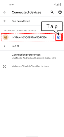 Tap the cog icon for INSTAX-XXXXXXX on the Bluetooth settings screen.