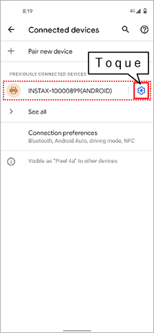 Toca el icono de engranaje de INSTAX-XXXXXXX en la pantalla de ajustes de Bluetooth.